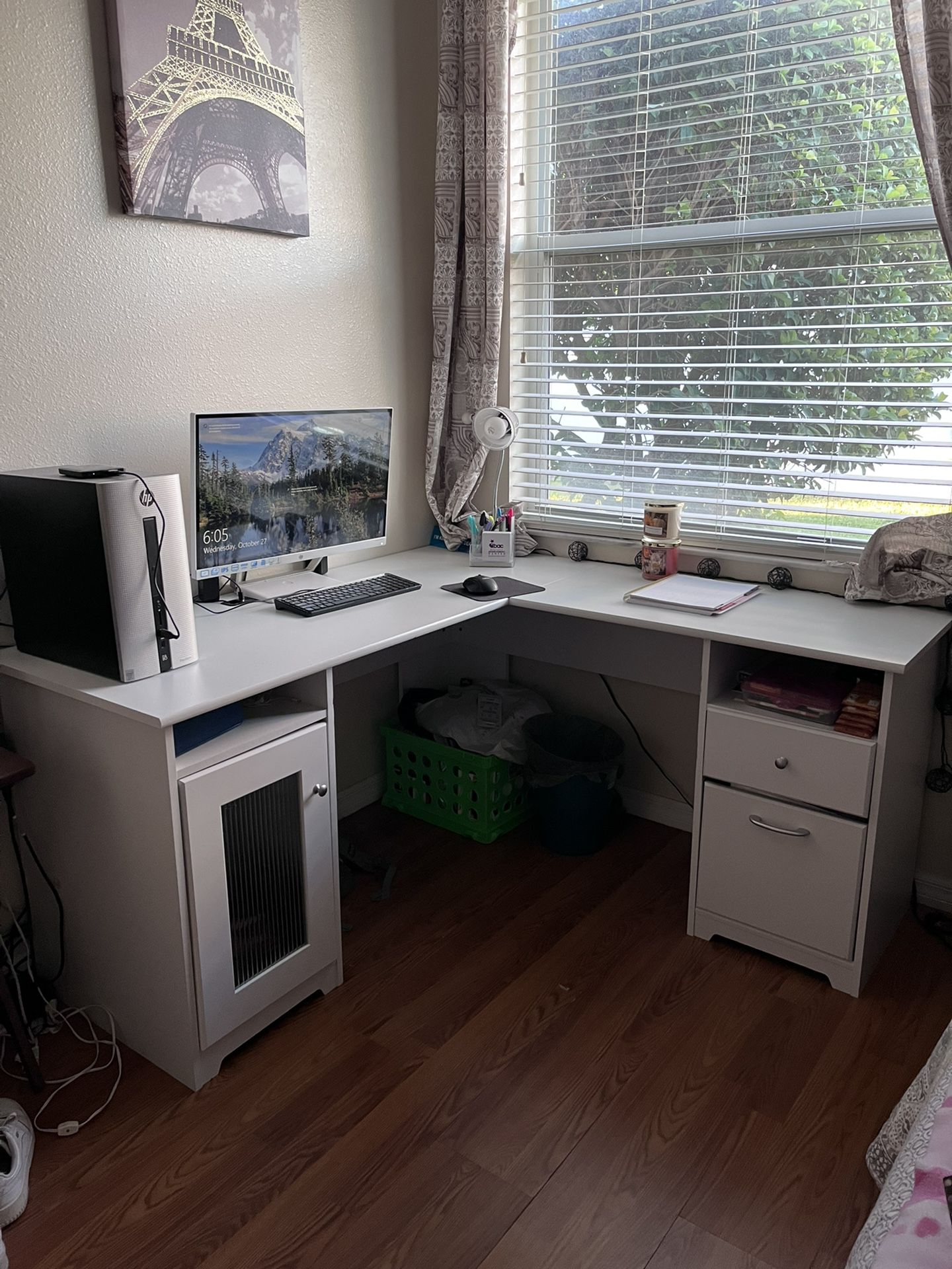 White Corner Desk with Built-In USB Port