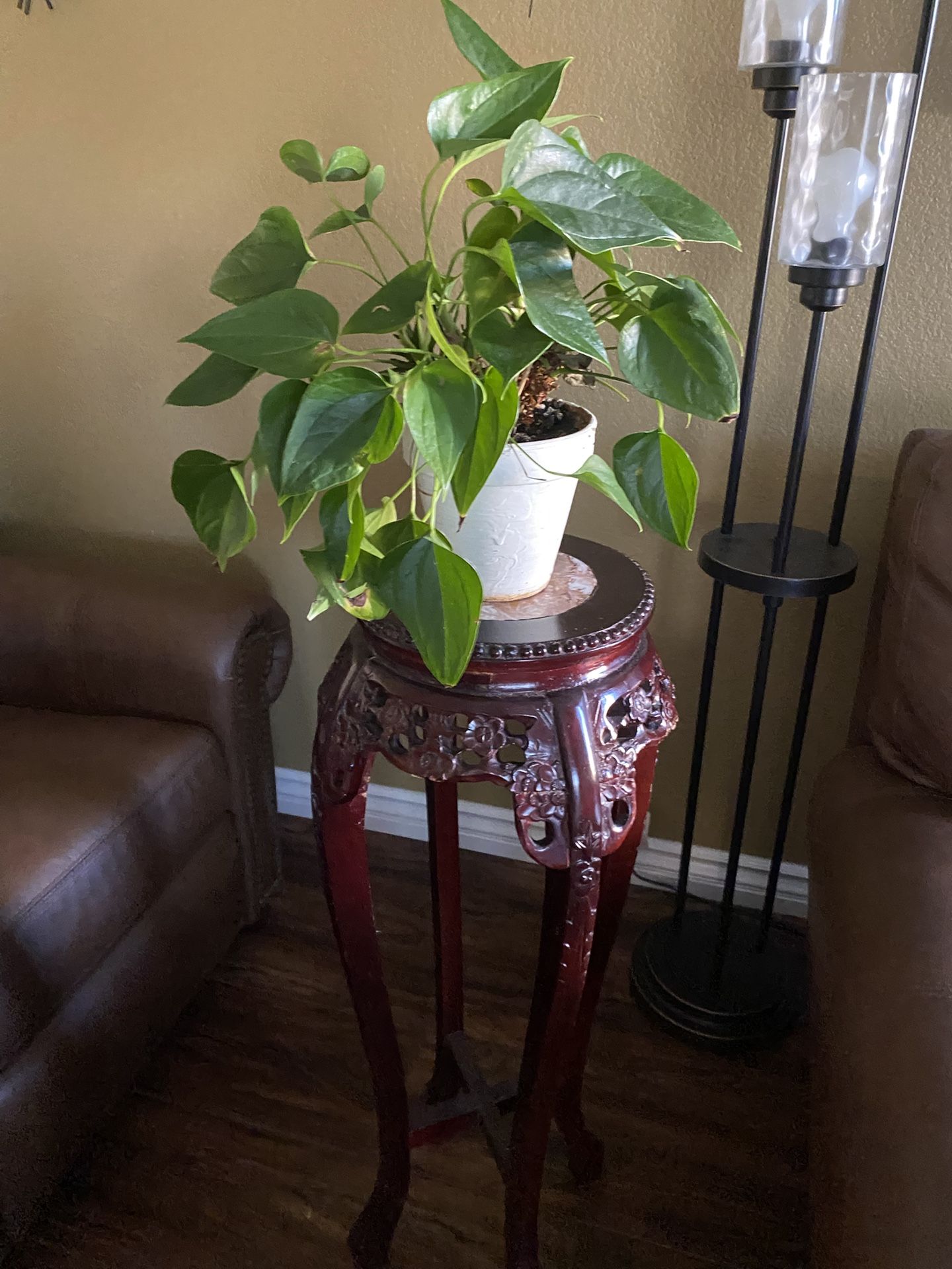 Chinese Asian Design Carved Wood Marble top Tall Plant Stand