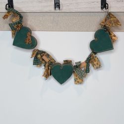 Primitive Country Green Wooden Hearts And Sunflower Ribbon Swag Garland 