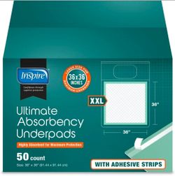 Inspire Super and Ultra Absorbent Disposable Bed Pads, 36" X 36", Pack of 50 with Adhesive, XXL