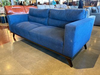 Navy Blue MCM Style Loveseat with Dark Wooden Frame