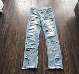Light Wash Heavily Distressed Patchwork Jeans