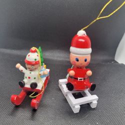 Wooden Santas  On Sleigh Ornaments 