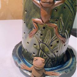 Gorgeous ceramic Collectable.  Orchid Pot (2) piece Green with Frogs 10 inches tall. FREE GIFT last pic small planter. Candle holder with see through 