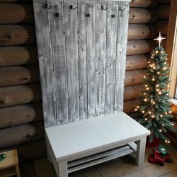 Large Hall Tree Bench Rustic Farmhouse Real Solid Wood New