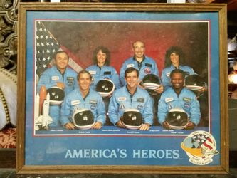 America's Heroes NASA Challenger crew vintage poster in frame