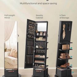 360° Swivel Mirrored Jewelry Cabinet with Lights, Full-Length Mirror with Jewelry Storage, Standing Jewelry Armoire Organizer, with Large 