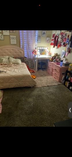 Full Sized Bed Frame + Bed , Vanity Mirror + Desk , 2 Pink Containers 