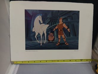 Disney HERCULES Original production cel from Walt Disney’s 1997 film Hercules, featuring a prime shot of Hercules, Pegasus, and Phil.