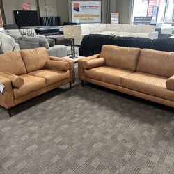 Modern Camel Faux Leather Sofa Set 