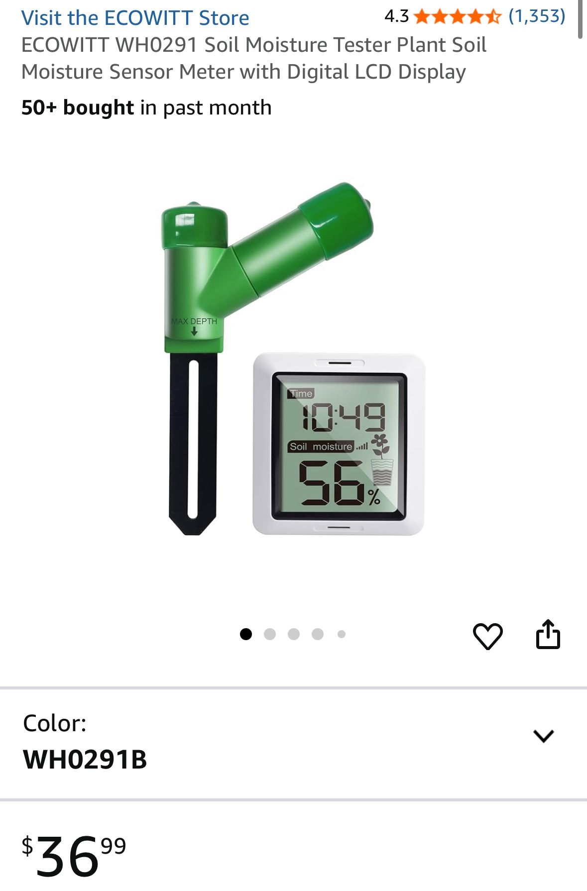 ECOWITT WH0291 Soil Moisture Tester Plant Soil Moisture Sensor Meter with Digital LCD Display
