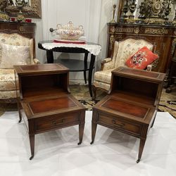 Pair of Elegant Mid Century Mersman Two-tier Mahogany Side Tables w/t Leather Top Gold Trim Inserts