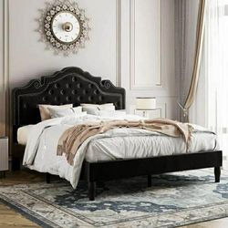 Queen Bed Frame, Velvet Tiara Upholstered Diamond Button Tufted Headboard, No Box Spring Needed, Black