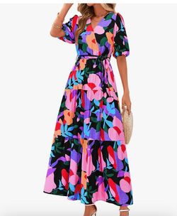 PRETTY GARDEN Maxi Dress Sz M Vibrant  Floral, V Neck, Puffy Sleeves & an Elastic Waist