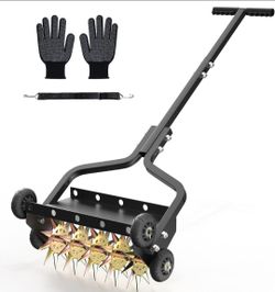 Manual Lawn Aerator 18 Inch Push Spike Lawn Aerator with Steel Tines 4 Wheel Yard Tool