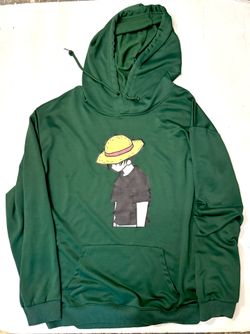 Green Hoodie w graphic print of character Luffy from One Piece Wearing wearing his signature straw hat. Size: xxl