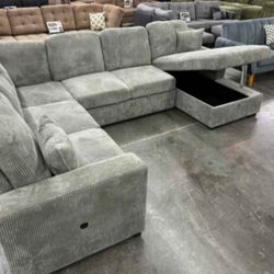 ✅️✅️4 pc Grey  corduroy fabric sectional sofa with storage chaise and love seat and pop up sleep area in center USB charging✅️✅️