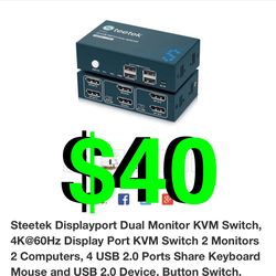 Displayport Dual Monitor KVM Switch, 4K@60Hz Display Port KVM Switch 2 Monitors 2 Computers, 4 USB 2.0 Ports Share Keyboard Mouse and USB 2.