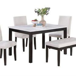 ✅️✅️ 5 pc dark finish wood faux marble top  rectangular dining table set with bench ✅️✅️