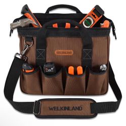 WELKINLAND 17-Pocket Tool Bag, 14" Portable Brown heavy-duty w/ Shoulder strap 