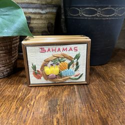 Vintage Bahamas Needlepoint Floral Fruit Wood Jewelry Trinket Box Velvet Lined Small Souvenir Travel