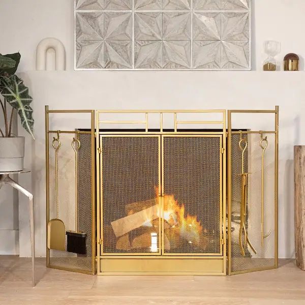Barton 45" x 33" Fireplace Screen Wrought Iron Mesh 2 Panel Fire Door Cover Spark Guard, Distressed Finish - Gold