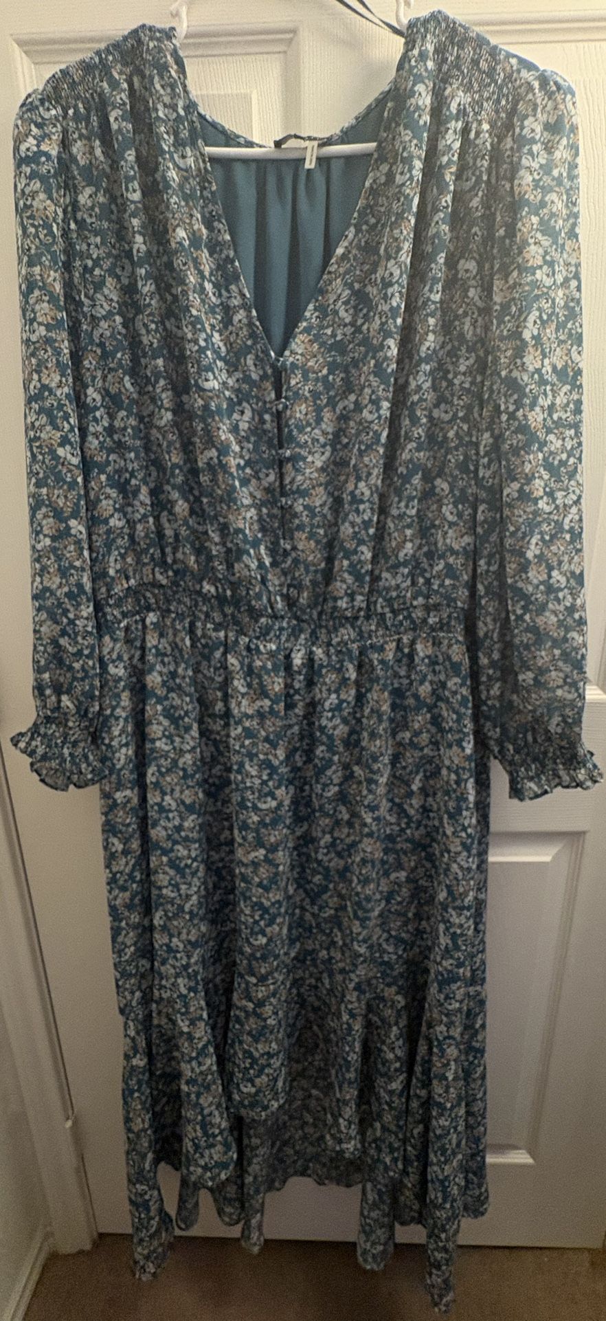 3X Women’s Plus Size High Low Teal Dress With Blue, White, and Brown Flowers