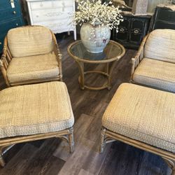 Vintage MCM McGuire Rattan 2 Chairs & Ottomans & Table 