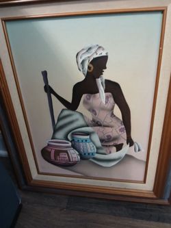 Framed African Woman with Pottery Wall Art