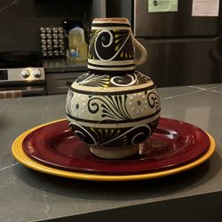 Vintage Hand-Painted Pitcher & Colorful Plate Set