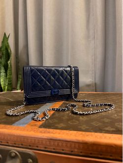 Authentic Chanel Dark Blue Patent Le Boy Wallet On Chain WOC Crossbody Bag SHW