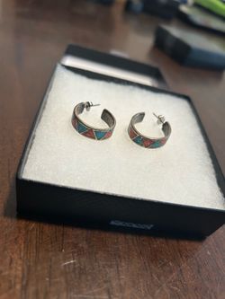 Vintage Sterling Silver  925 Turquoise & Coral Chip Inlay Hoop Earrings