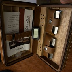  COMMODA Portable Genuine Leather Cedar Cigar Travel Case Cedar Humidor with Cutter Rack Set Wooden Box (Brown)
