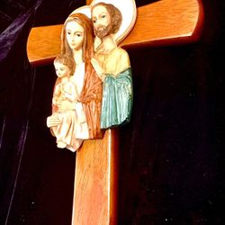 Beautiful Wood Crucifix with Joseph, Mary, Jesus H17xW11xD3 inch Lbs 1.35 Beautiful composite sculpture Joseph, Mary, Baby Jesus on a wooden Crucifix 