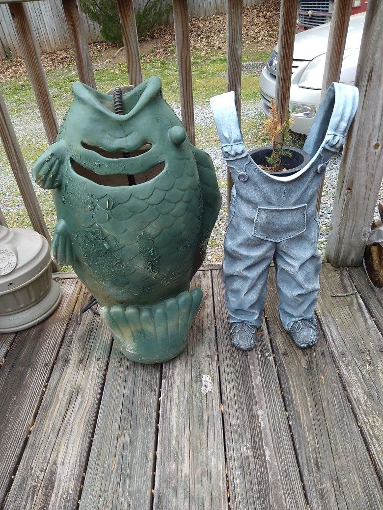 Fiberglass Fish Fountain. Blue Jean Planter 60 Bucks For Both