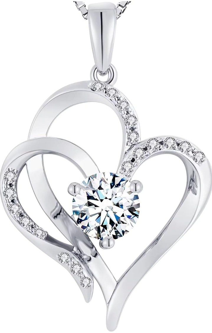 Heart & April Birthstone-Pure 925 Sterling Silver-White Gold Plated-Necklace