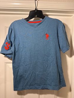 Polo - Male V-Neck Short Sleeve Shirt - Size Youth 14/16 - Blue with Red/Orange Accents