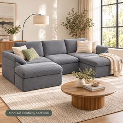 New Modular Boneless Sofa Couch Corduroy Sectional Sofa with Ottomans
