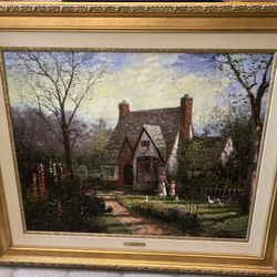 Thomas Kinkade The Cottage 24×30 SN Canvas #166/550 – Antique Gold Frame