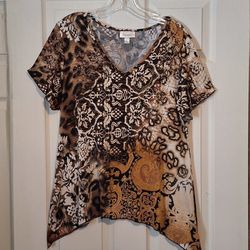 Paisly Floral brown rust handkerchief hem shirt with gold faceted beads Sz. L
