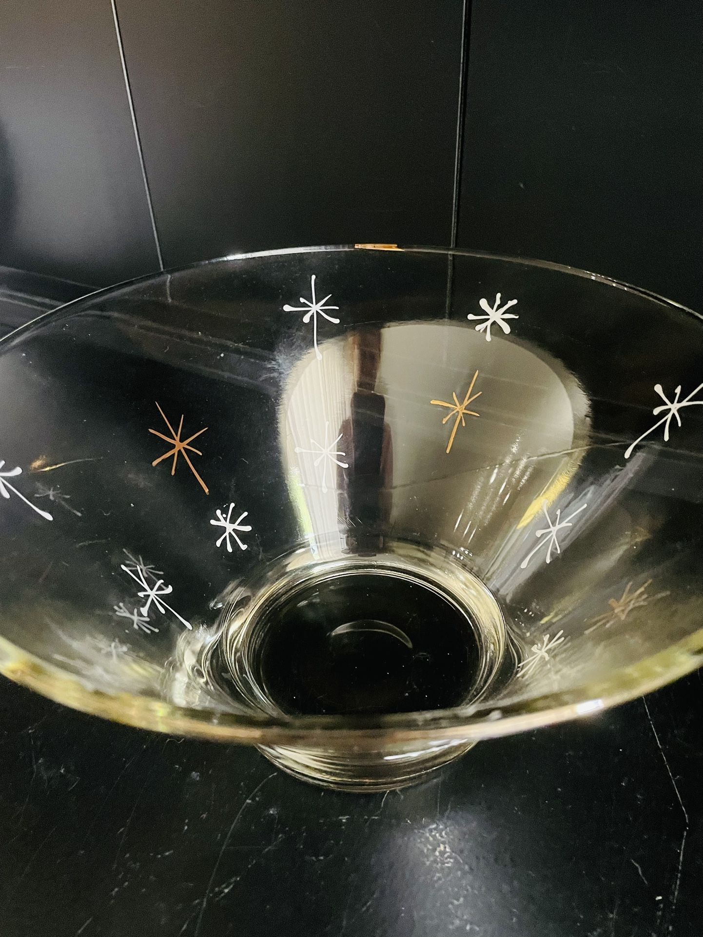 Vintage 1950's Mid Century Christmas Serving Bowl with Gold Starbursts and White Snowflakes