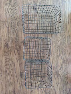 3 wire baskets and 1 wire/wood box