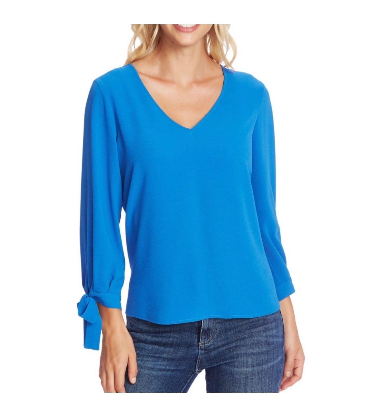 CECE Womens Blue Long Sleeve V Neck Blouse