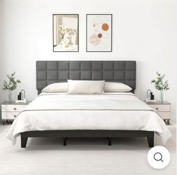 Full Size Platform Bed, Linen Fabric Upholstered Bed Frame with Adjustable Headboard & Wooden Slat Support