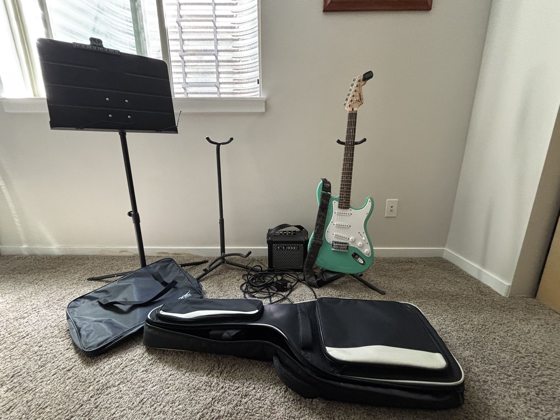 Electric Guitar With Amplifier, Cables, Traveling Case, Tuner And Stands