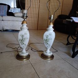 Vintage Porcelain Hand Painted Green And White Flowers - With Brass Base- Table Lamps(Pair)