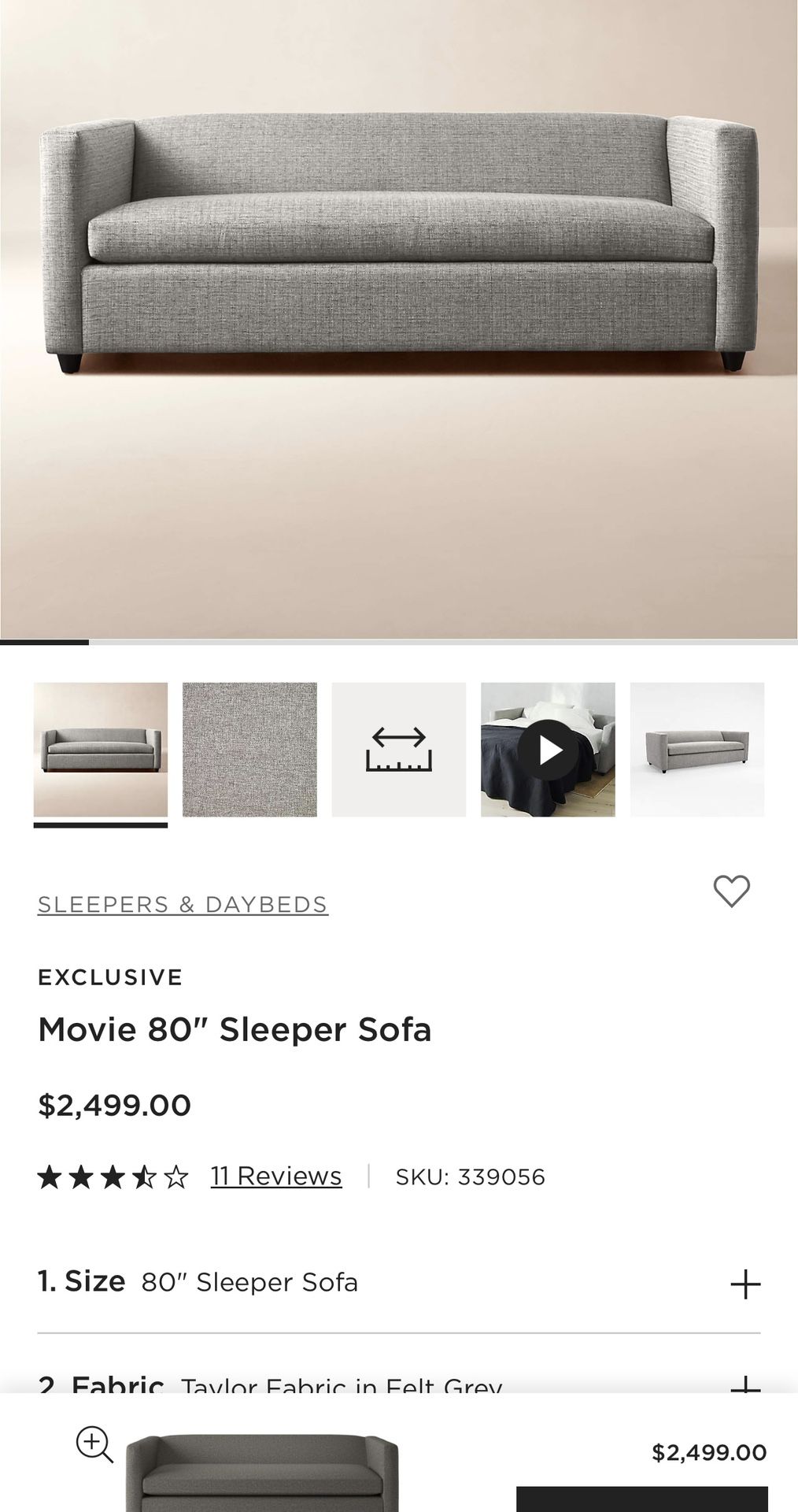 CB2 80”Sleeper Sofa Couch