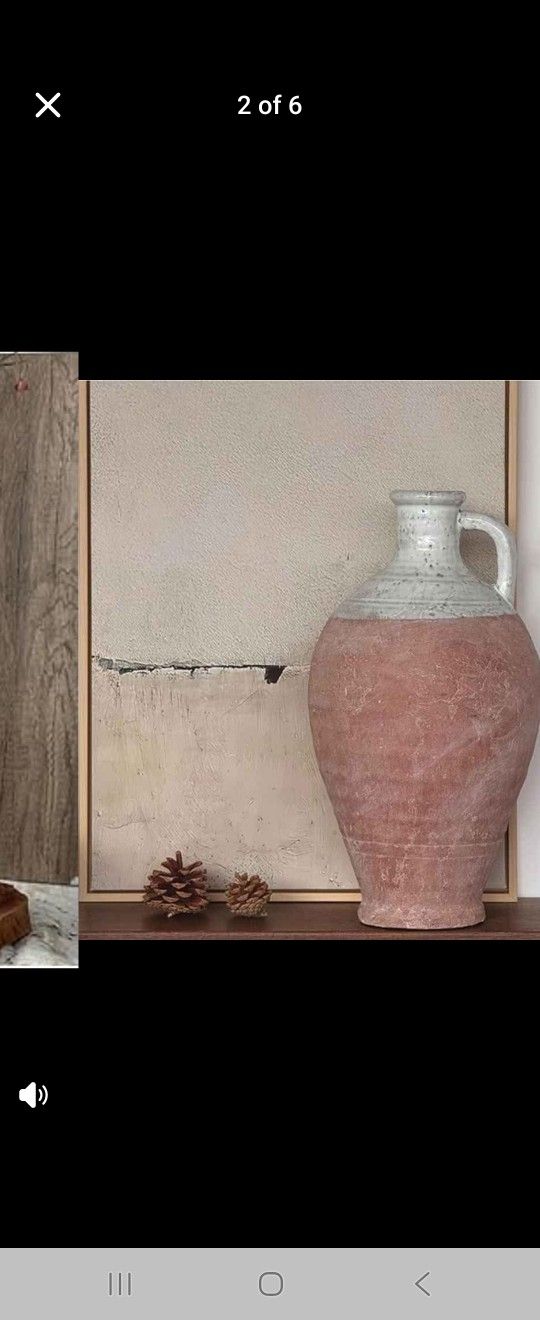 Pink Rustic Pitcher 15 Inch Large Tall Ceramic Farmhouse Terracotta Vase with Handle, Brown White Clay Stone Flower Vase, Boho Wabi Sabi
