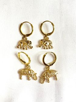 Gold Elephant Earrings Set of 2 Pairs 14mm Huggies Hoops Dangle