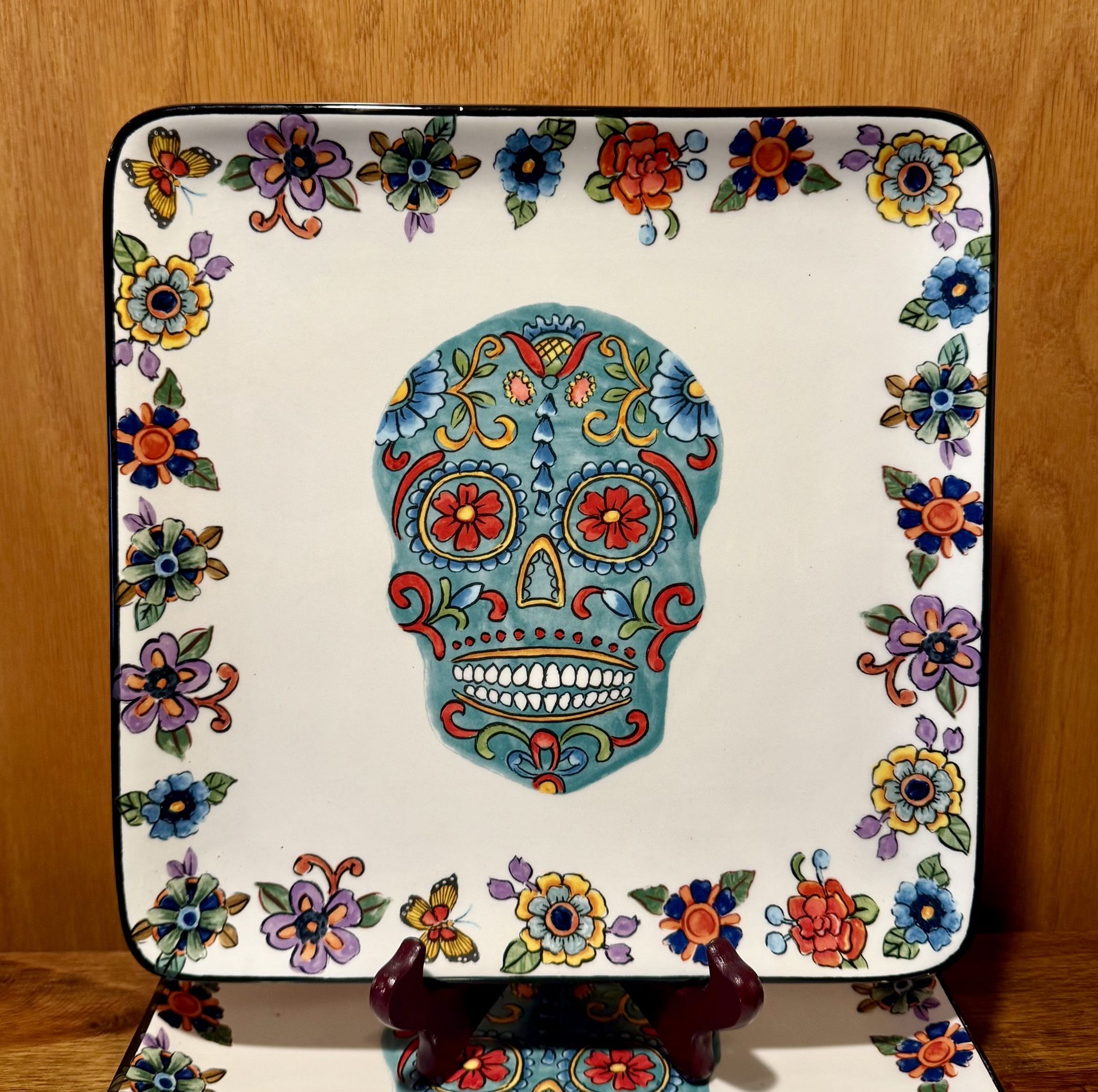 Set 2 Maxcera Day Of The Dead 10” Square Platter Plate Dish Skull Halloween